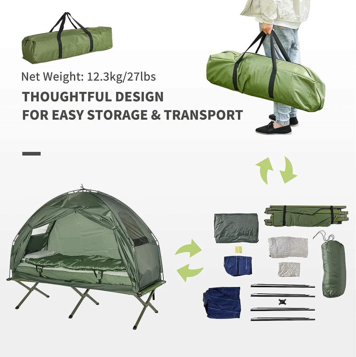 Outsunny Folding Camping Cot Tent Set With Sleeping Bag And Air Mattress, Green, 76in L x 32in W x 41in H - B2-0006