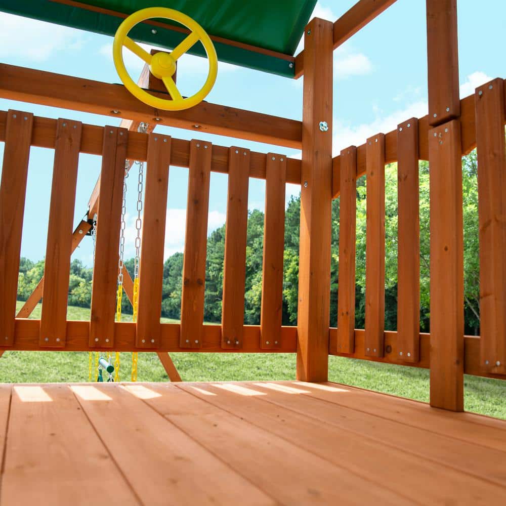 DIY Wooden Outdoor Playset With Tarp Roof, Rock Wall, Wave Slide, 3 Swings - Outing III