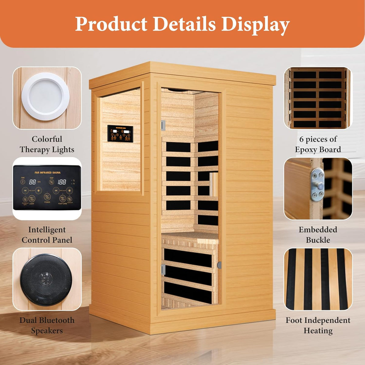 Far Infrared Home Sauna Spa Room, Canadian Hemlock Wood, 1200W, 110V, 35.2 x 27.6 x 61.6 Inch