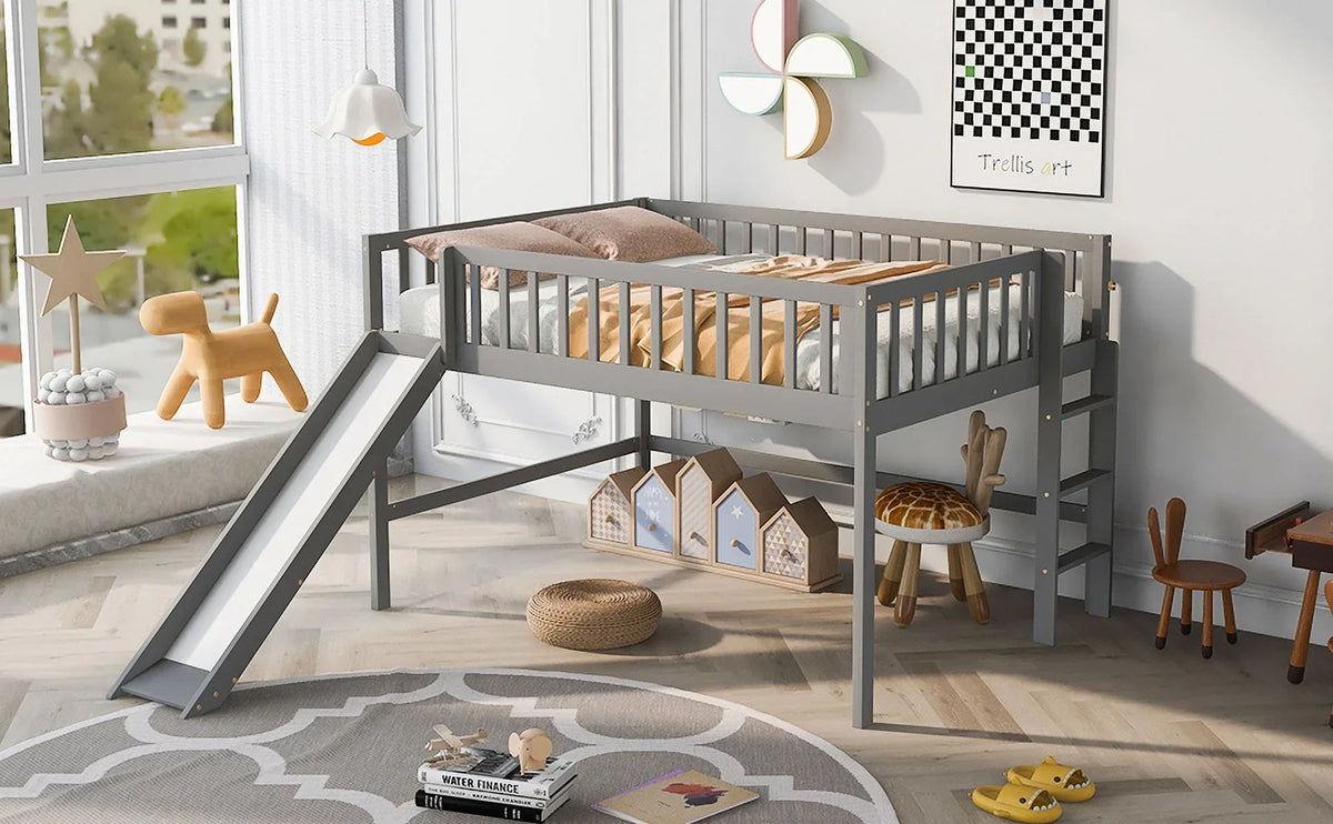Gray Full Size Low Loft Bed With Ladder And Slide