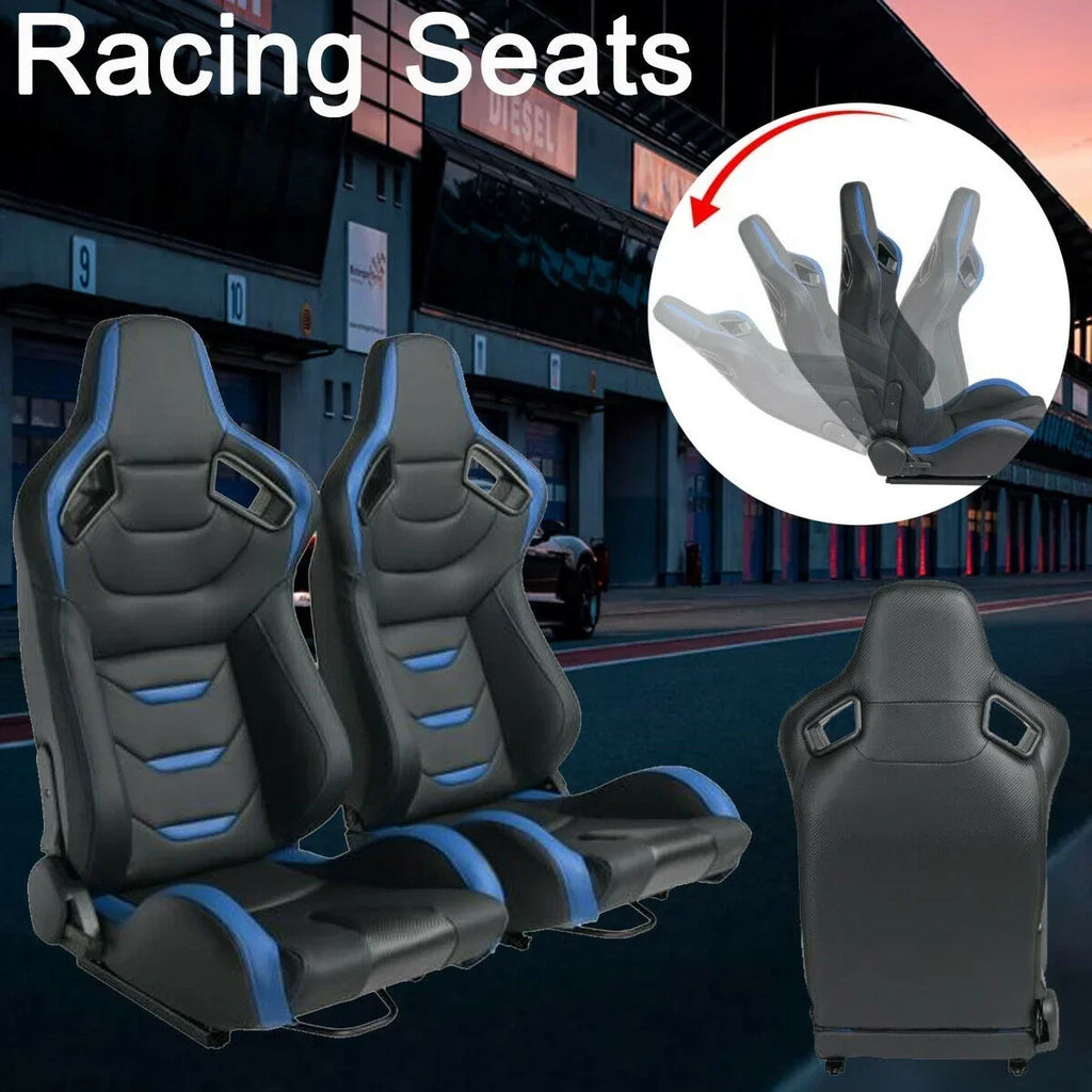 Universal Racing Bucket Seats, Pair With Dual Lock Sliders, Black With Blue PVC Leather, 36.6 x 21.6 x 21.6 in