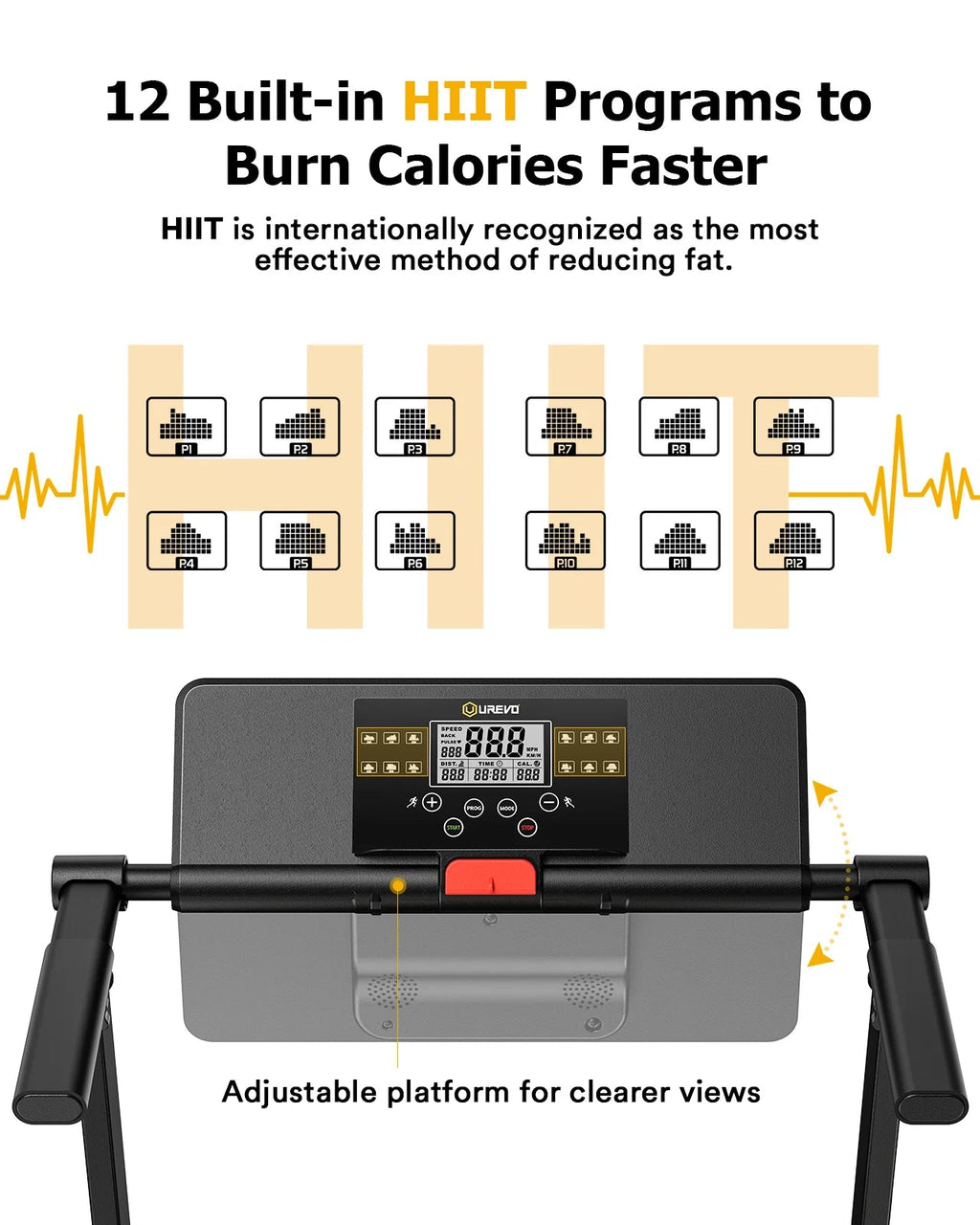 UREVO Folding Treadmill - 2.25HP, 12 HIIT Modes, 265 lbs Capacity, Yellow Or Red