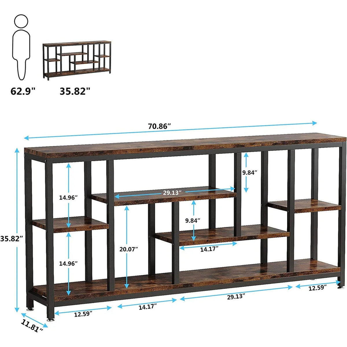 3-Tier Console Sofa Table With Storage, 70.9 Inch