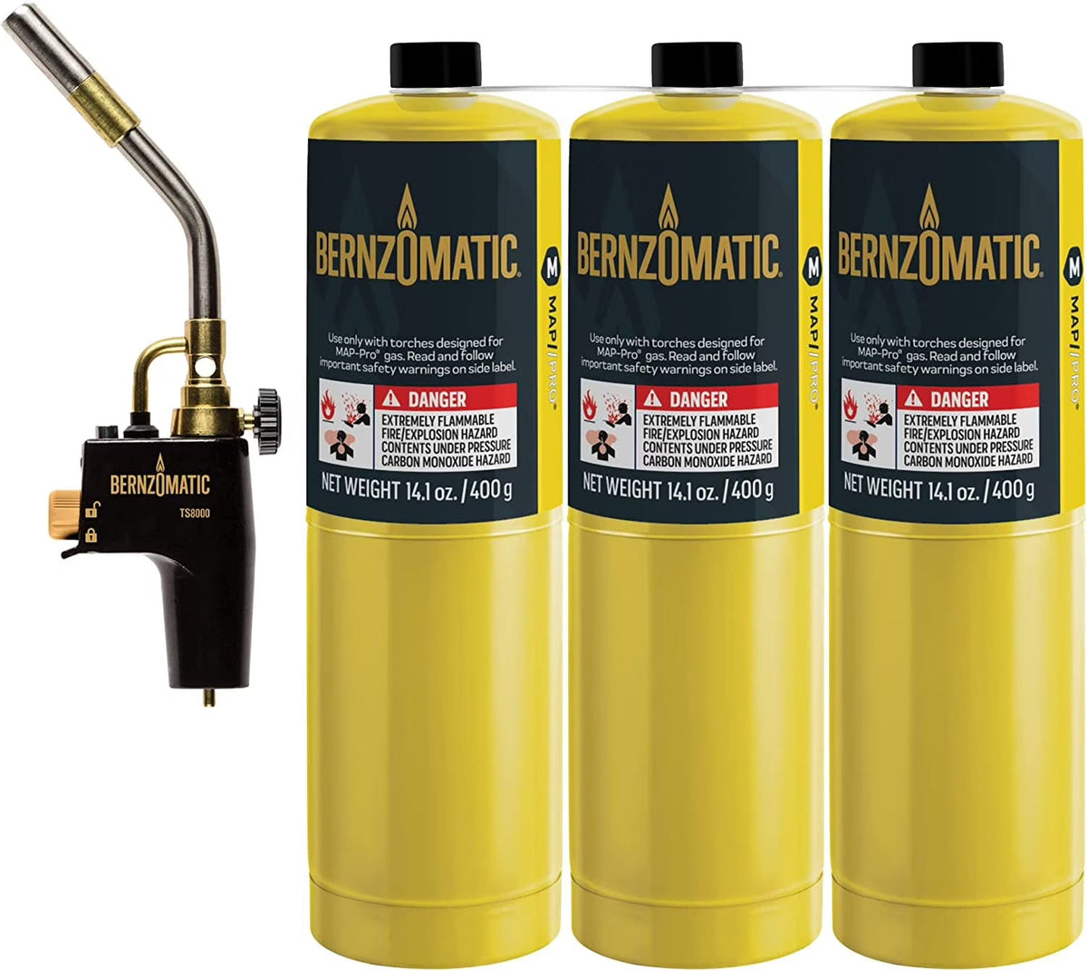 Bernzomatic MAP-Pro Gas Cylinders 14.1 oz 3-Pack With Max Performance Torch - TS8000