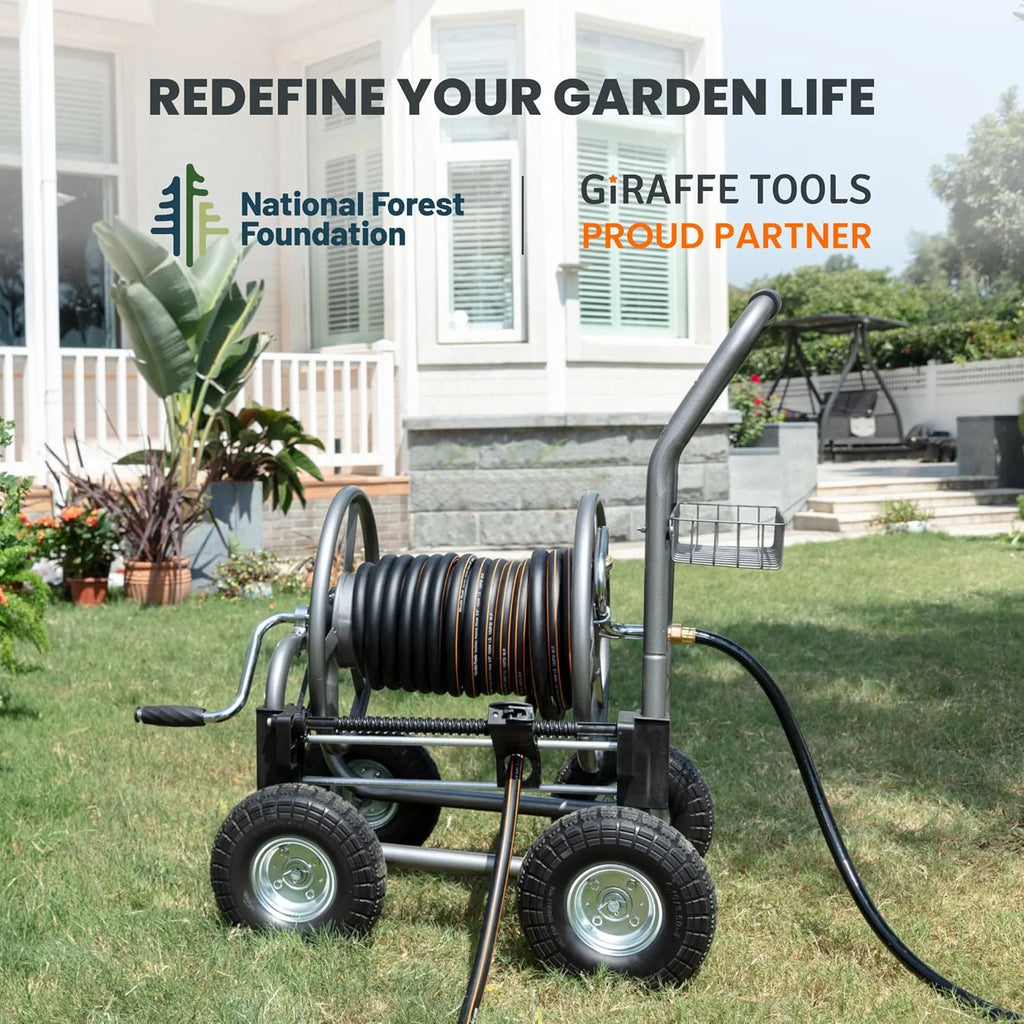 Giraffe Tools Heavy Duty Garden Hose Reel Cart With Wheels, 5/8in-250ft Hose Capacity