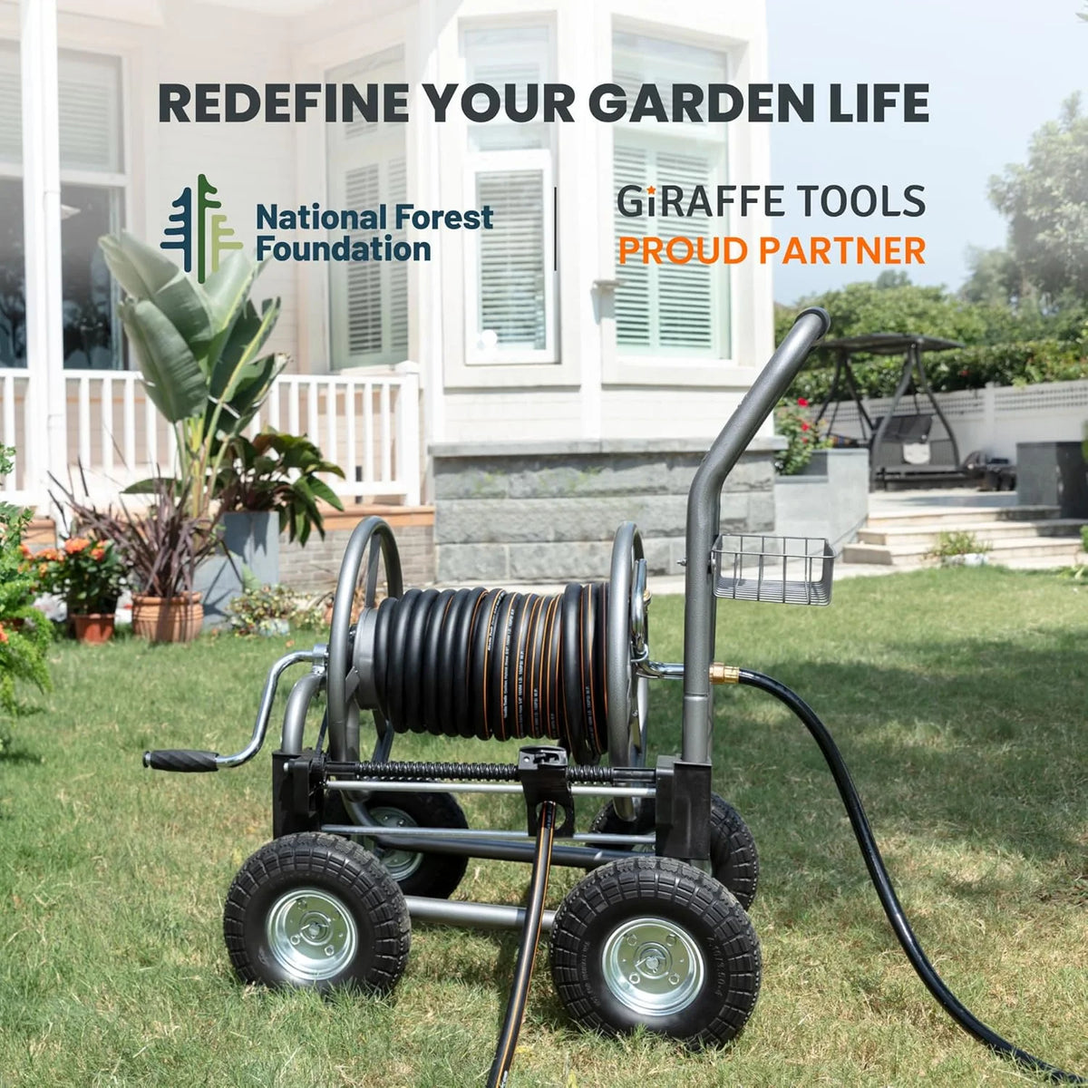 Giraffe Tools Heavy Duty Garden Hose Reel Cart With Wheels, 5/8in-250ft Hose Capacity