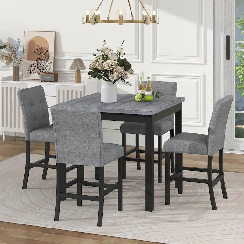 5 Piece Counter Height Wood Dining Set With Rectangle Table And 4 Upholstered High-Back Chairs - 35.4x35.4x36in