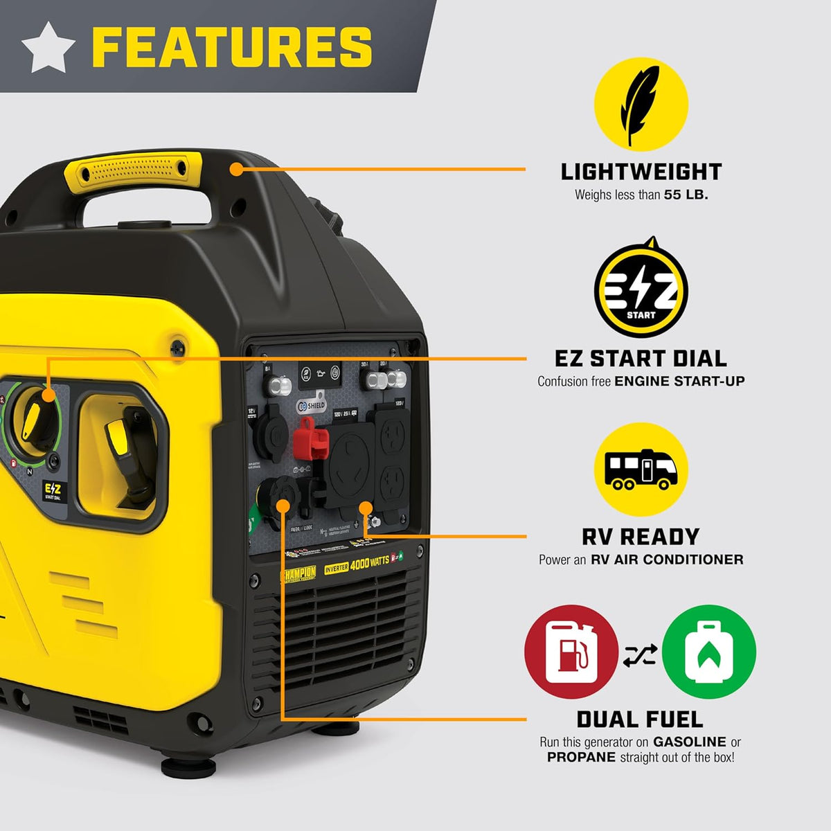 Champion Power Equipment 4000-Watt Dual Fuel RV Ready Portable Inverter Generator With CO Shield