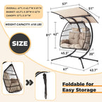 Outdoor Swing Loveseat With Stand, Foldable Hanging Chair, Hammock Cushion And Awning - Beige