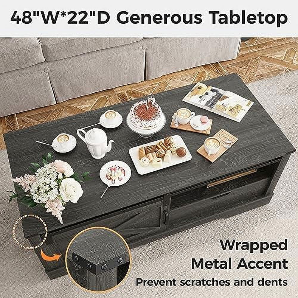 AYFDEGT Farmhouse Coffee Table 48 x 22 inch With Sliding Barn Door And Open Shelves
