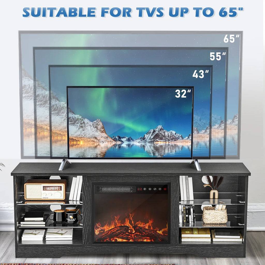Waleaf TV Stand With 18 in Electric Fireplace And Adjustable Glass Shelves - TVs Up To 65 inch