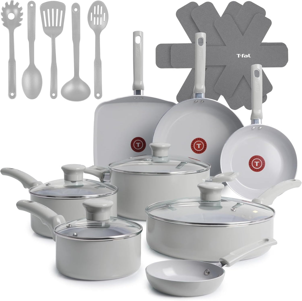 T-Fal Refresh Ceramic 20-Piece Nonstick Cookware Set, Moon Grey