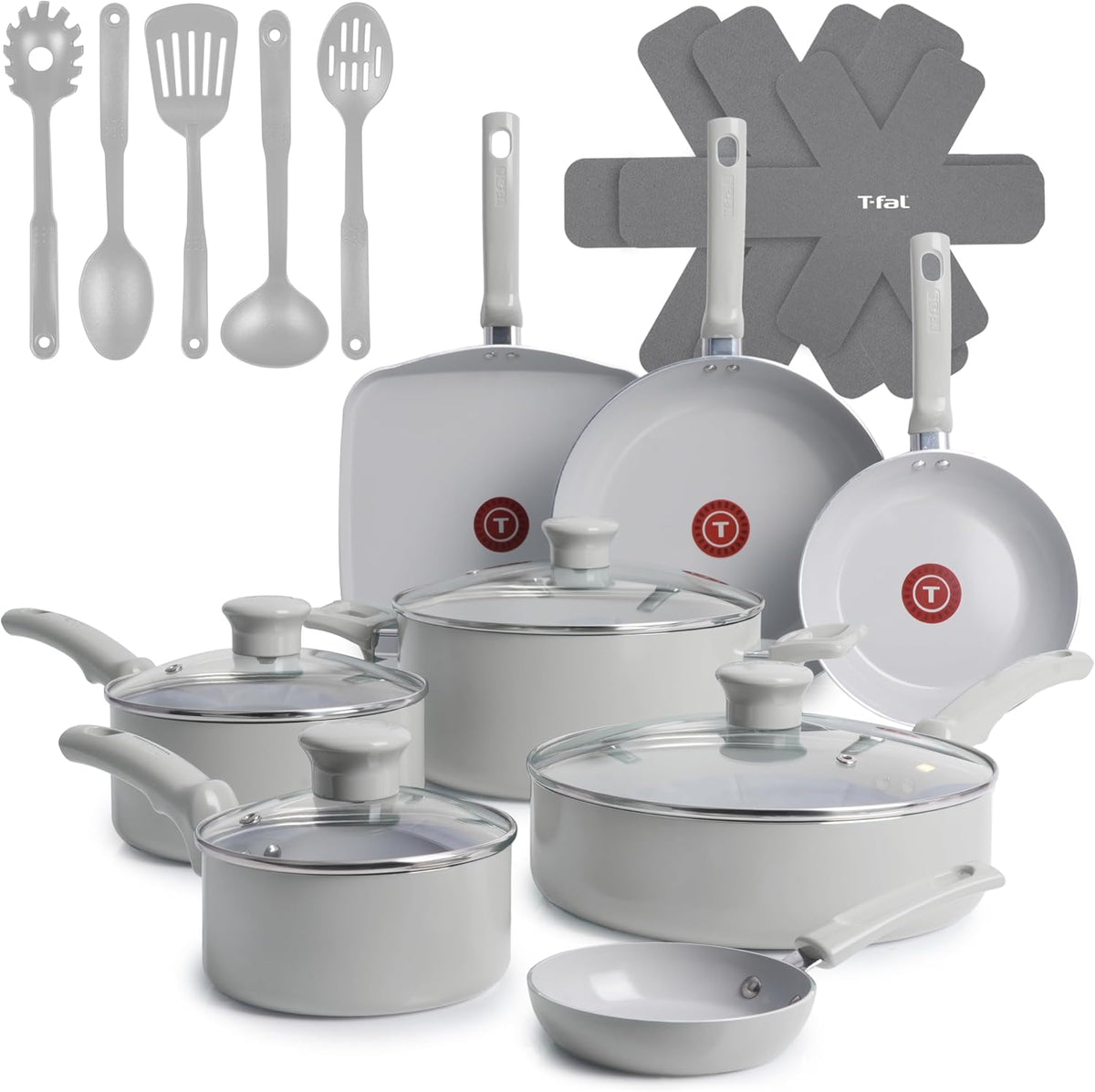 T-Fal Refresh Ceramic 20-Piece Nonstick Cookware Set, Moon Grey