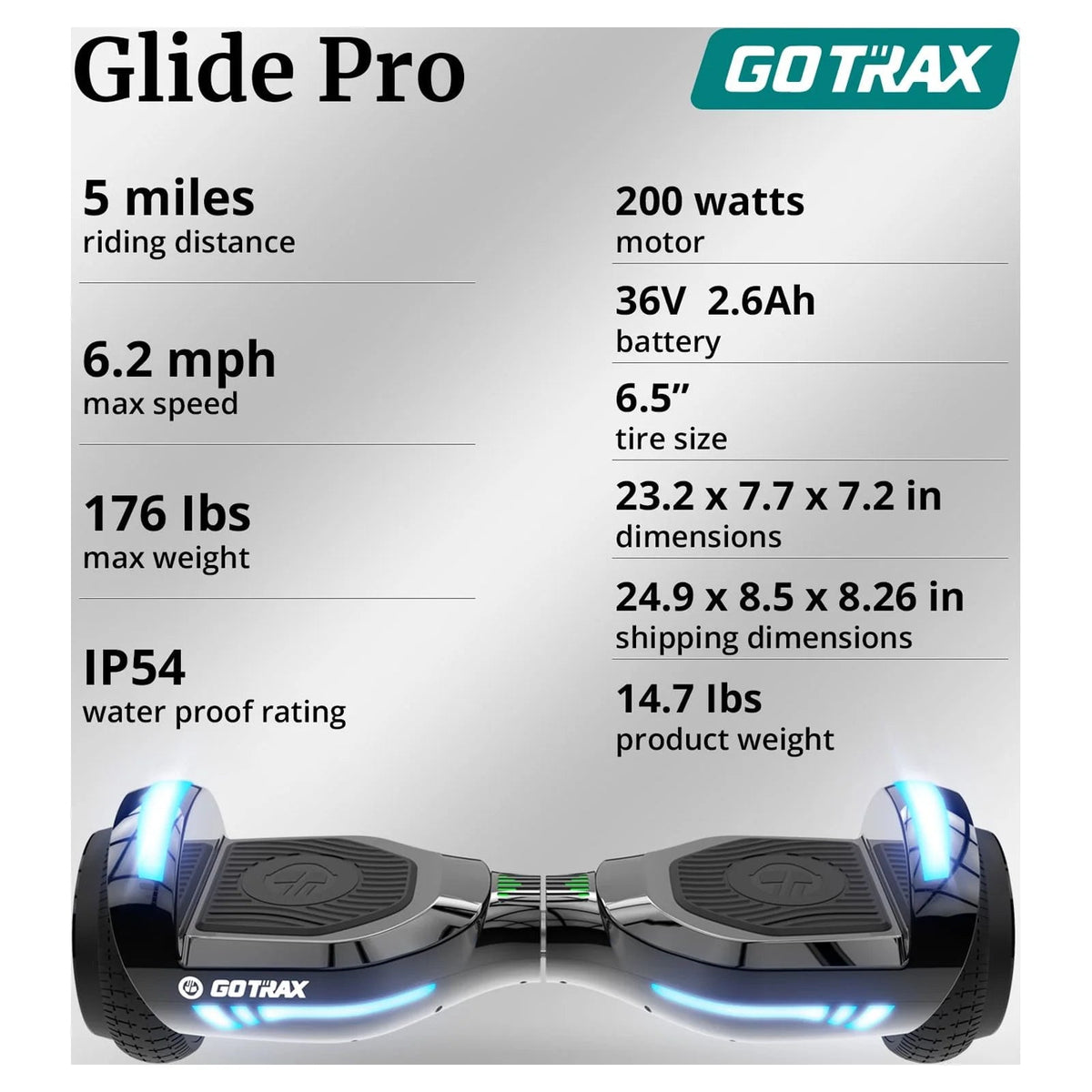 Bluetooth Self-Balancing Hoverboard With 6.5-Inch Wheels, 7-Color Lights, 44-176 Lb. Capacity - Silver