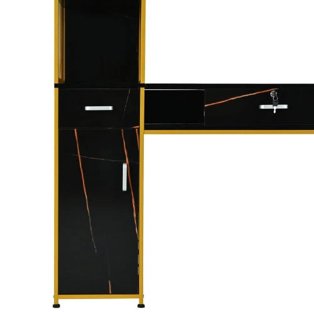 Barber Salon Station With Lockable Drawer, Left Shelf And Storage Cabinet - Black
