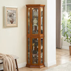 Corner Curio Display Cabinet With Lights, Mirrored Back And 6 Tempered Glass Shelves