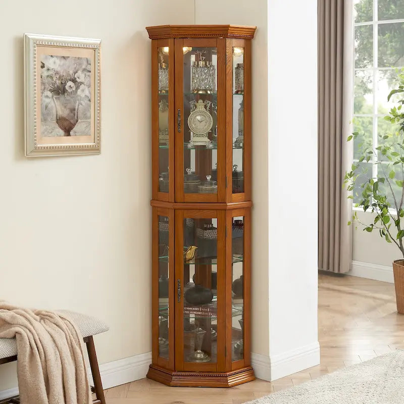 Corner Curio Display Cabinet With Lights, Mirrored Back And 6 Tempered Glass Shelves