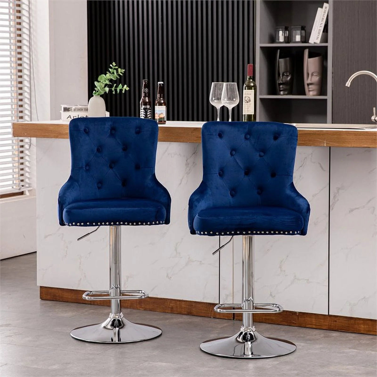 Alexent 2-Piece Swivel Bar Stools, Dark Blue, 43.7-51.6 H, 19.3 W x 18.1 D - Silver Footrest