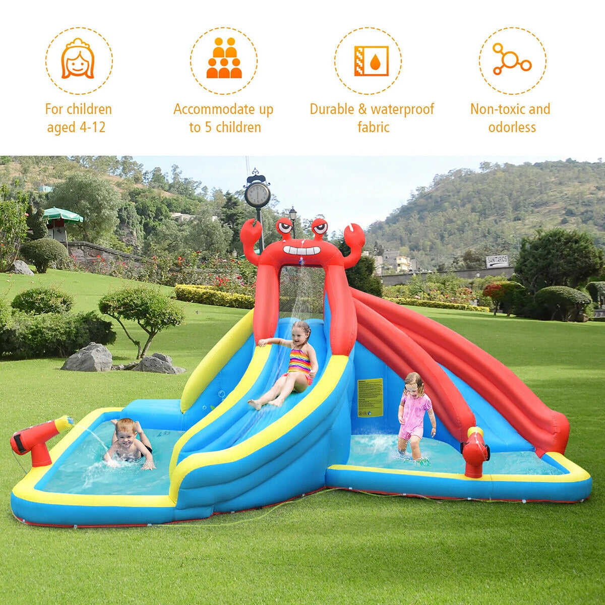 Costway Inflatable Crab Dual Slide Water Park Bounce House With Splash Pools, 197 x 157.5 x 98.5 in, 950W Blower