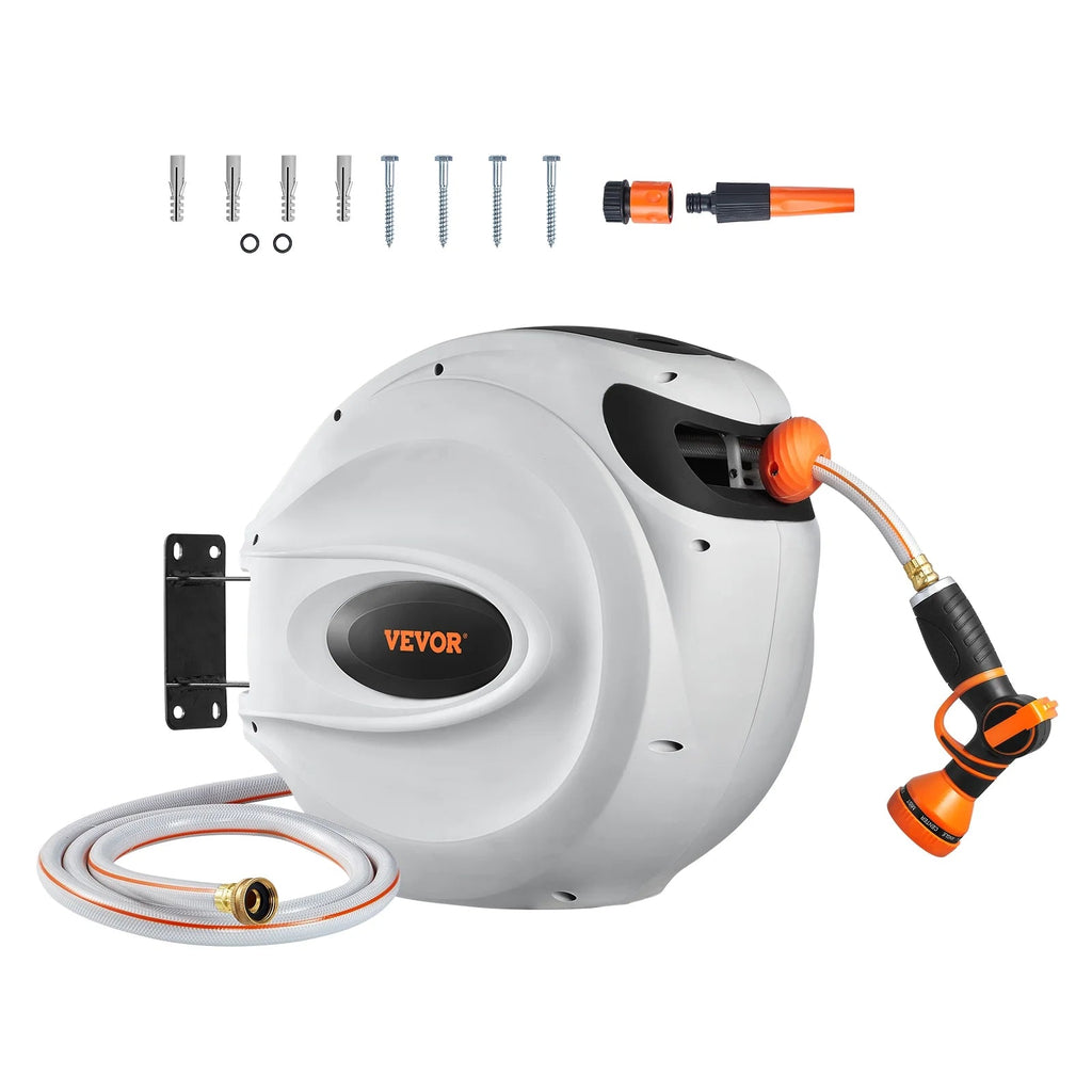 VEVOR Retractable Garden Hose Reel, 100 ft x 1/2 inch, Wall-Mounted With 9-Pattern Nozzle