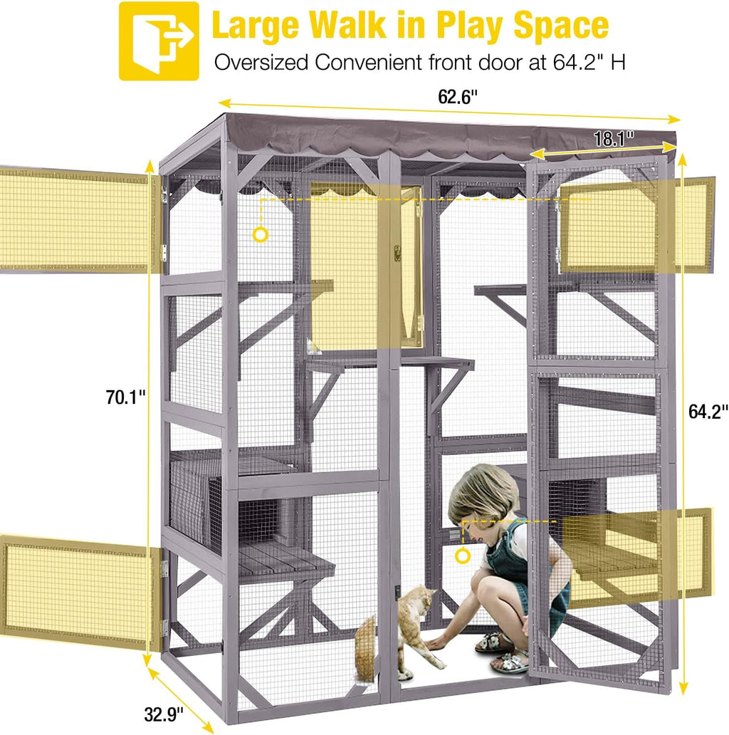 Large Walk-In Outdoor Cat Enclosure With 7 Platforms