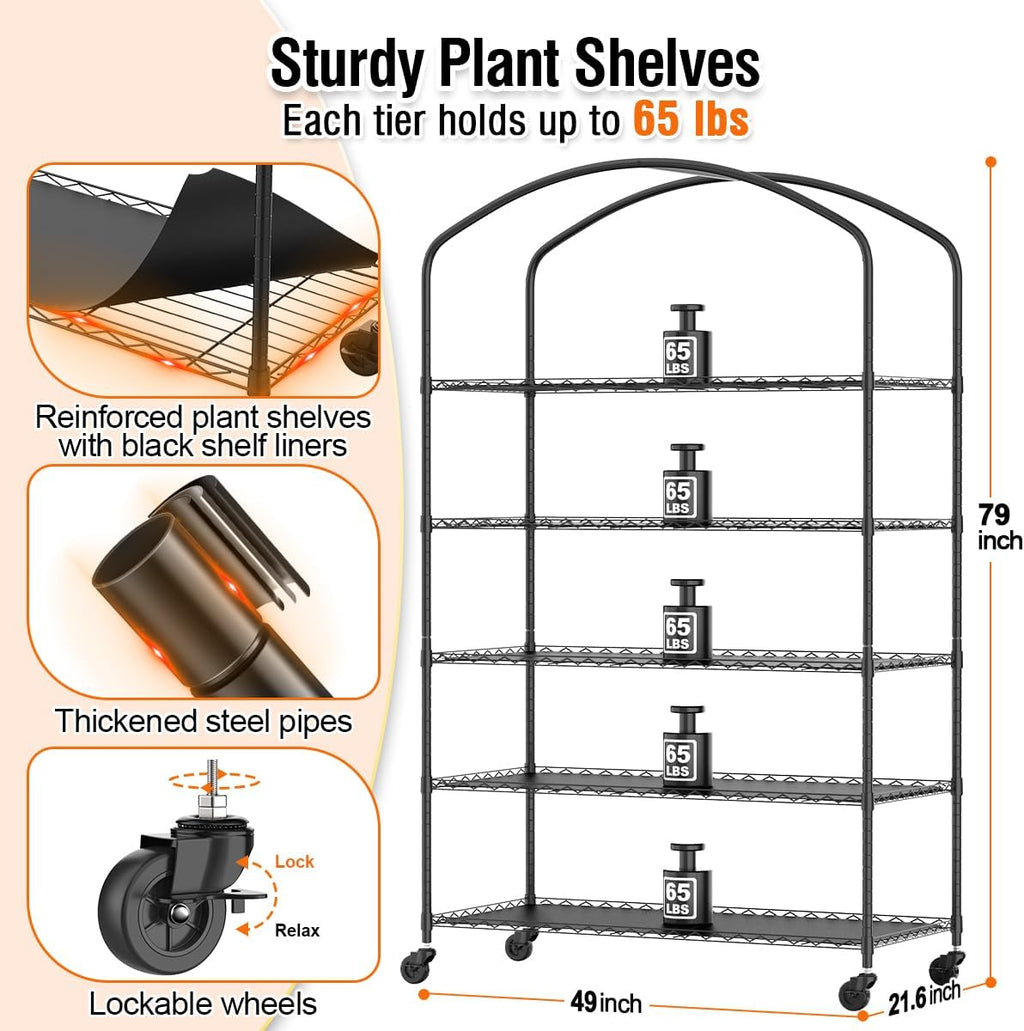 5-Tier Metal Indoor Greenhouse With Grow Lights And PVC Cover - 49 x 21.6 x 79 inch
