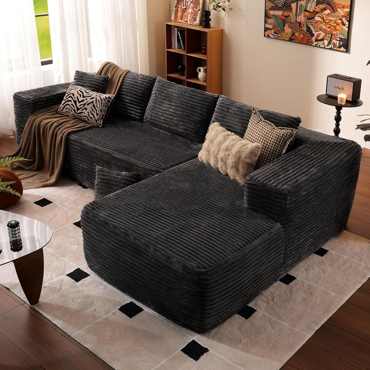 ovios 104in L-Shape Sectional Sofa With Chaise, Grey Plush Corduroy Fabric