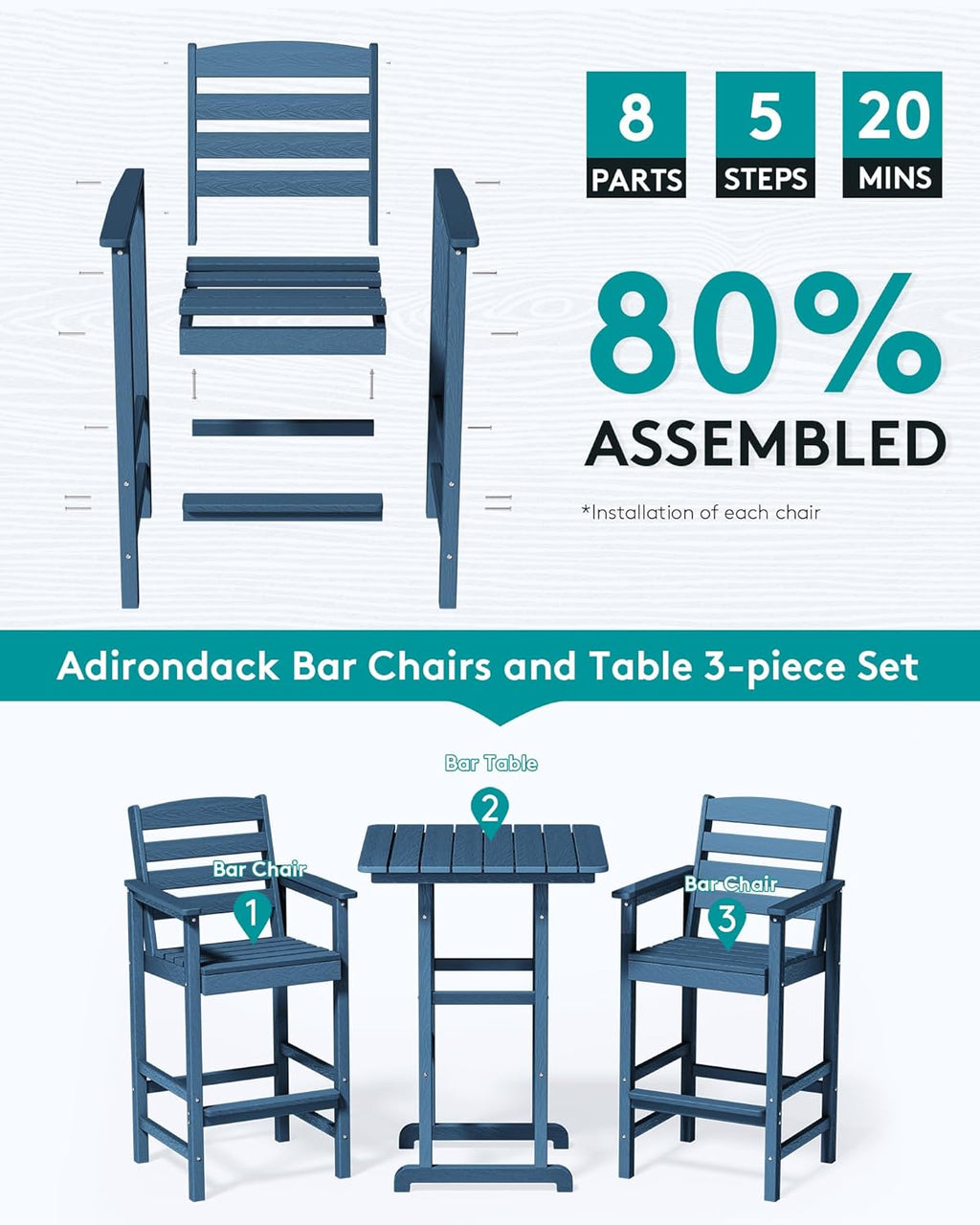 SERWALL 3-Piece Adirondack Bar Height Chair And Table Set, Blue