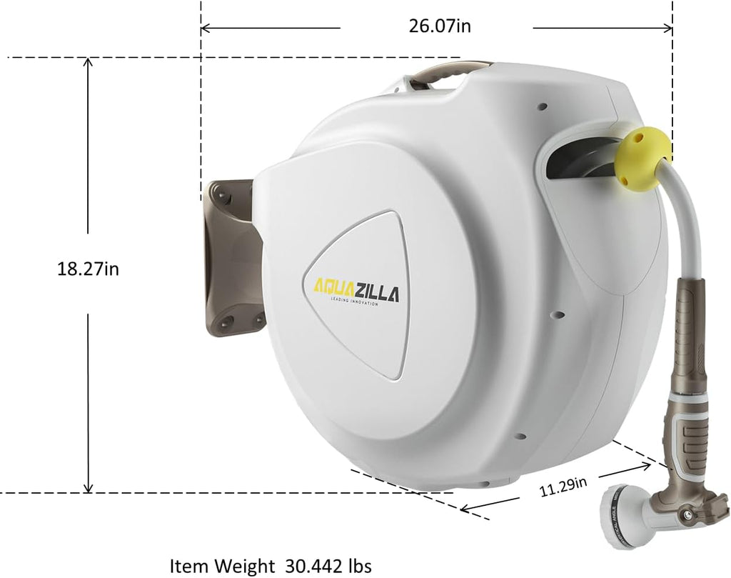 AQUAZILLA Retractable Garden Hose Reel, 5/8 in x 100+6 ft, Wall Mounted, White - 10 Pattern Spray Nozzle