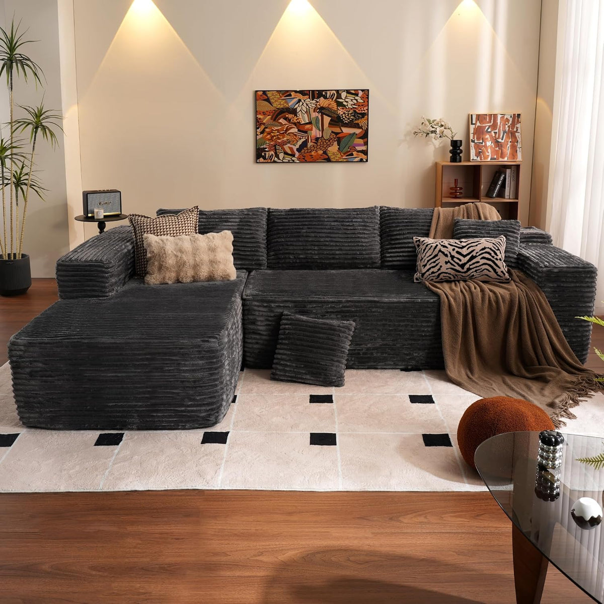 ovios 104in L-Shape Sectional Sofa With Chaise, Grey Plush Corduroy Fabric