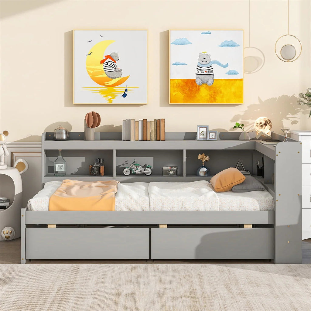 Twin Solid Wood Platform Daybed With L-Shaped Bookcases And 2 Drawers, Gray - 85.20 x 50.40 x 36.70 in