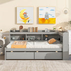 Twin Solid Wood Platform Daybed With L-Shaped Bookcases And 2 Drawers, Gray - 85.20 x 50.40 x 36.70 in