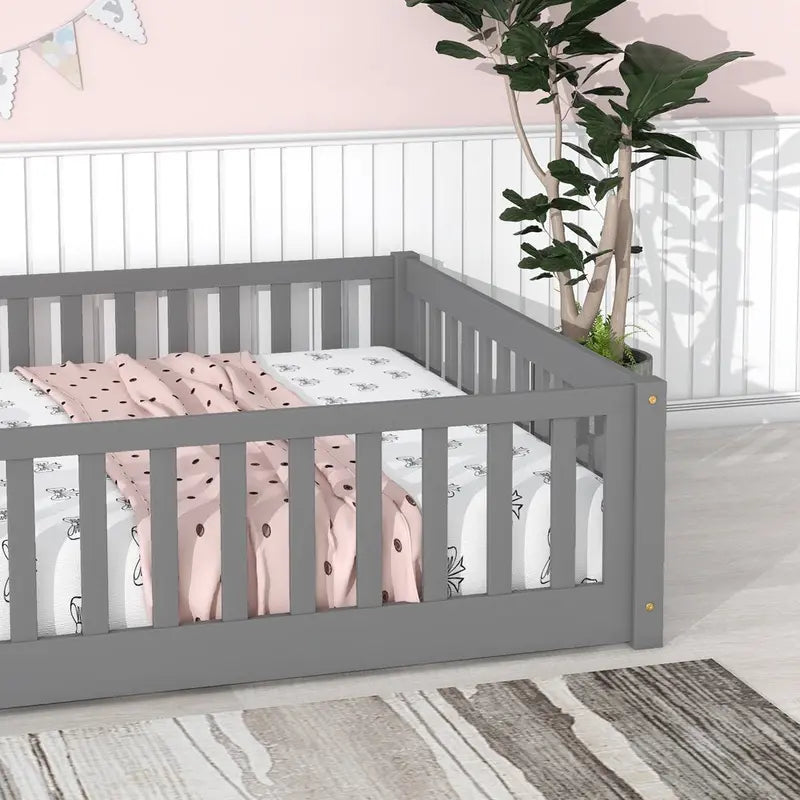 Uhomepro Full Size Wood Floor Bed Frame With Fence And Door - Gray/White/Natural/Espresso