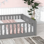Uhomepro Full Size Wood Floor Bed Frame With Fence And Door - Gray/White/Natural/Espresso