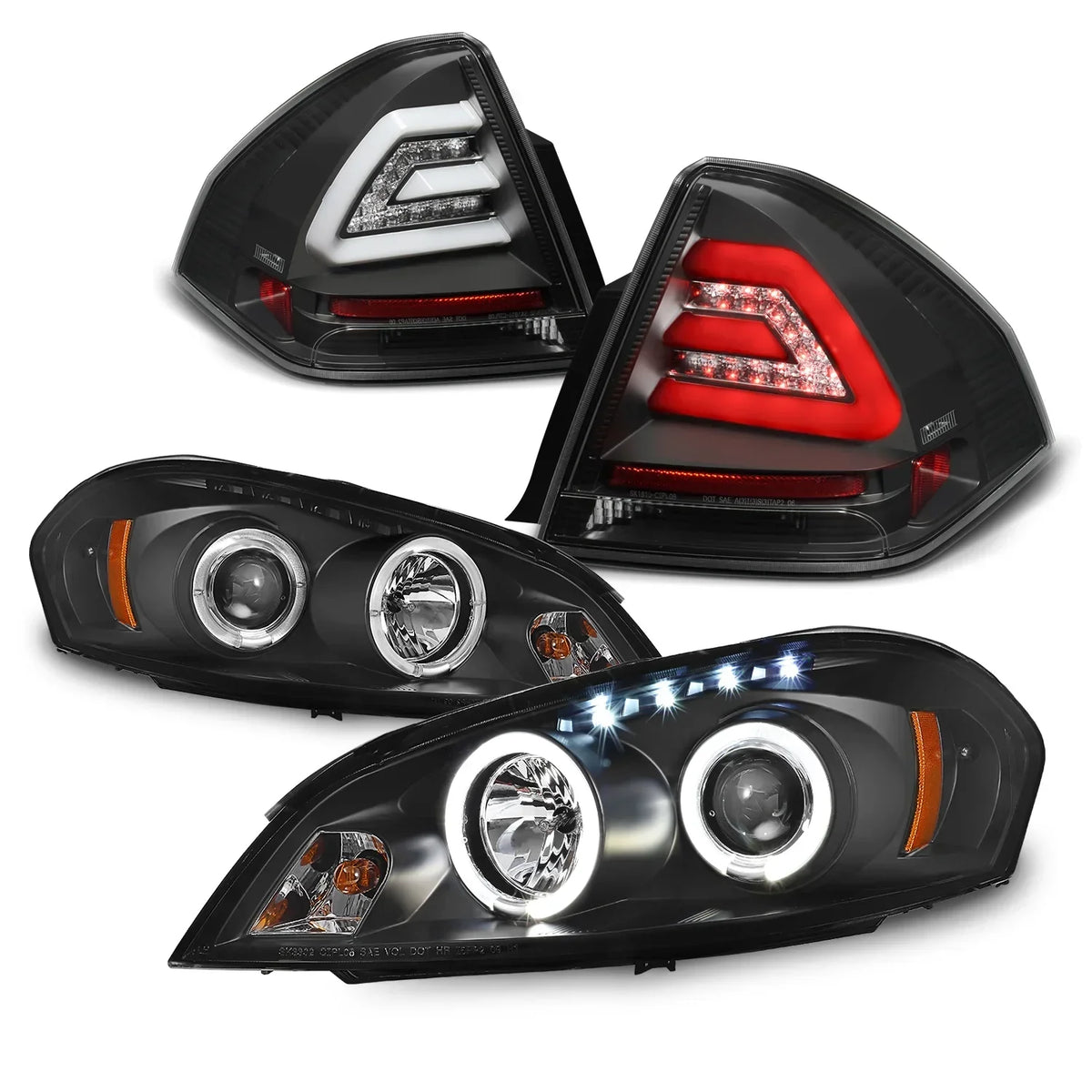 AKKON Dual Halo DRL Projector LED Headlight And LED Tail Lamp Set, Black Housing - 2006-2013 Chevy Impala, 2014-2016 Limited