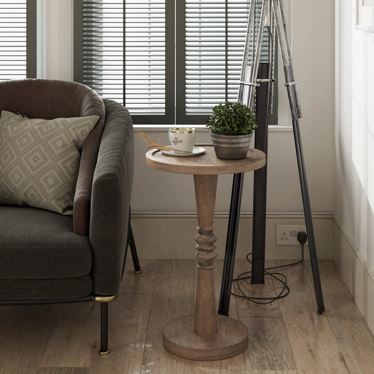 Pedestal End Table With Round Tray Top And Distressed Finish