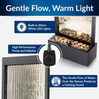 Alpine Corporation Wall-Mounted Mirror Waterfall Fountain With Stones And LED Lights, 24in L x 10in W x 72in H, Silver