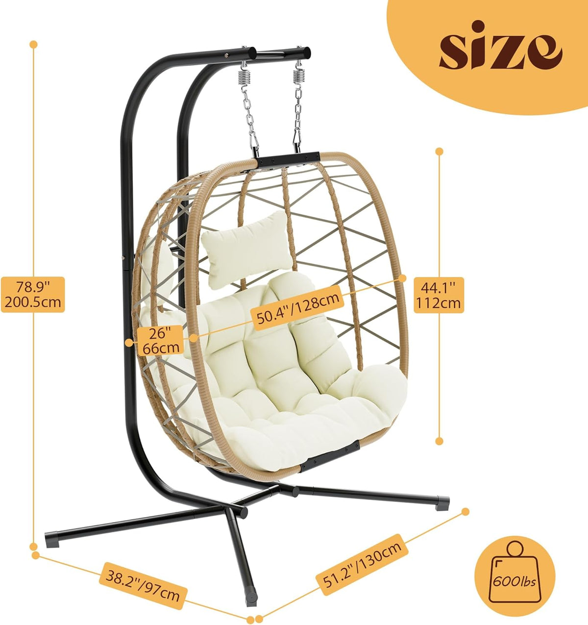 DoubleTT Double Swing Egg Chair With Stand, 2 Person, 550 LBS Capacity