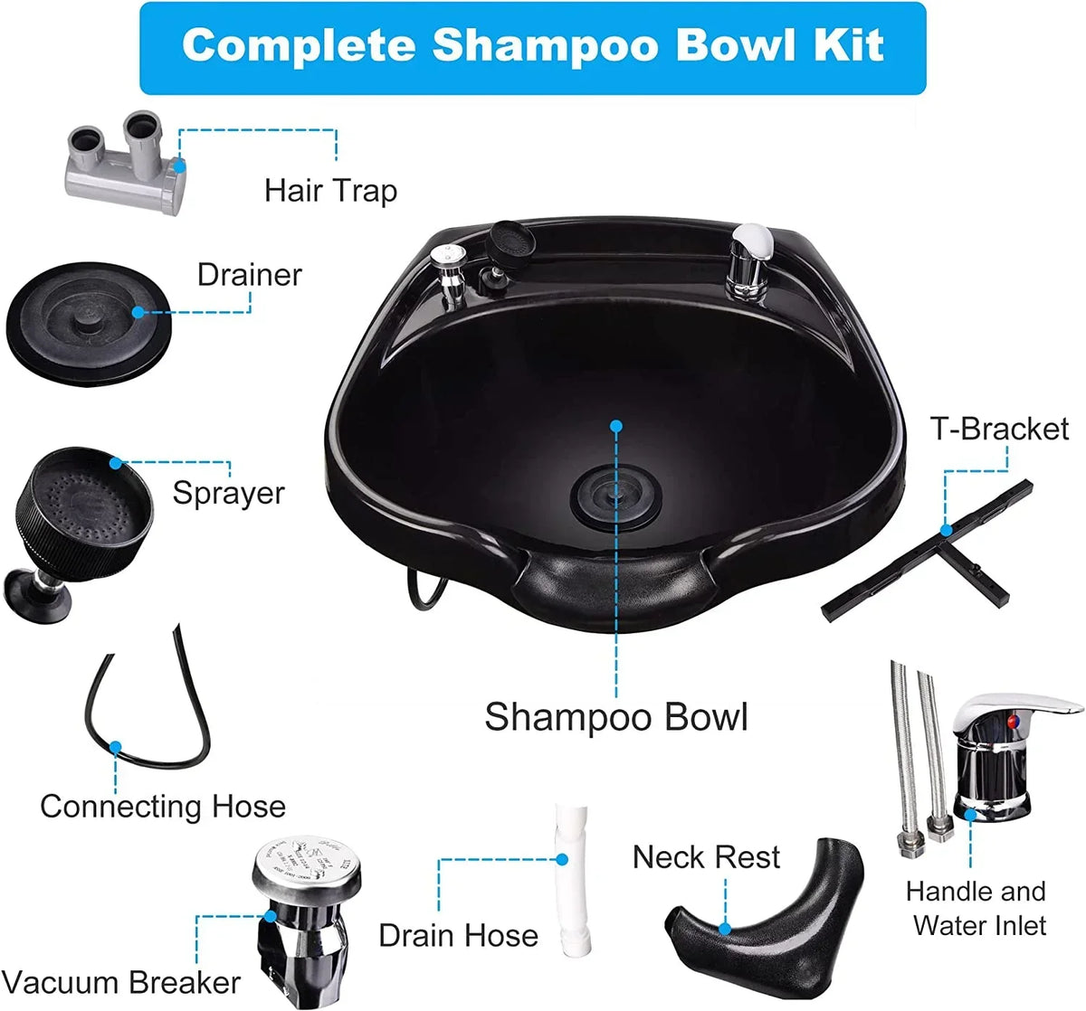 AW Wall-Mounted Shampoo Bowl Kit With Sprayer, Neck Rest And CUPC Vacuum Breaker