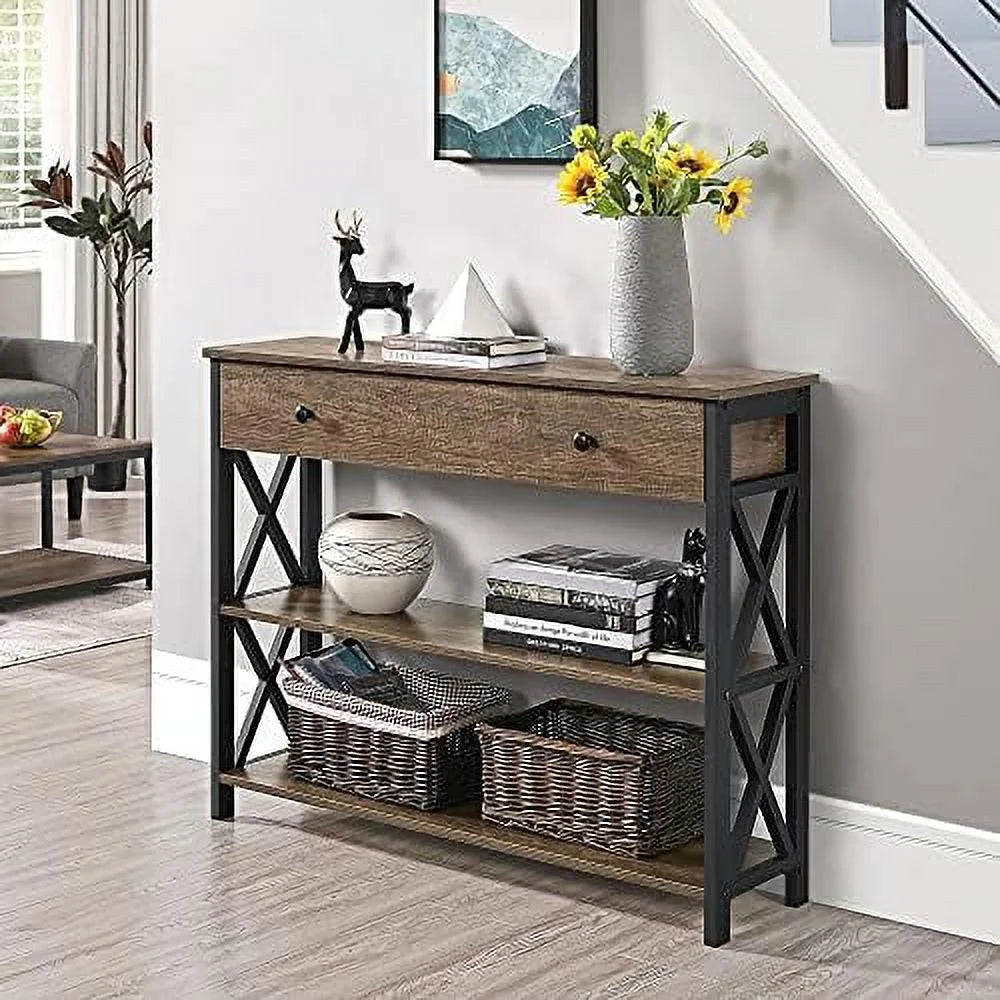 MQLIFEBOOM Console Table With Drawer And 3 Tier Shelves - Metal Frame