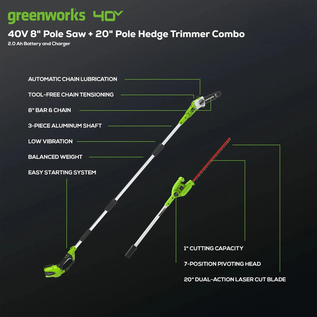 Greenworks 40V 20in Pole Saw With Hedge Trimmer Attachment, 2.0 Ah Battery And Charger