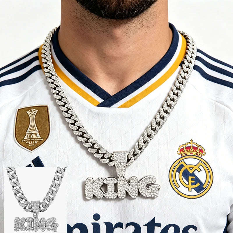 Full Diamond King Football Pendant Necklace With 20in Cuban Link Chain, 13mm Width