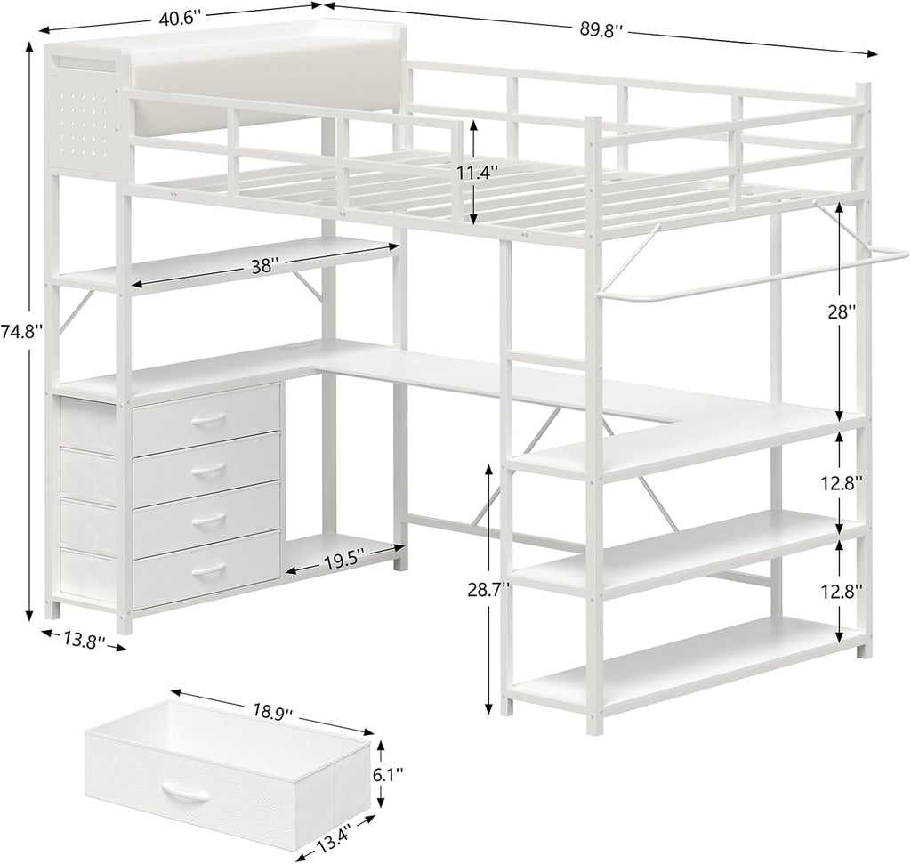 Twin Metal Loft Bed Frame With U-Shaped Desk, Storage Headboard, LED Lights, Power Outlet And 4 Drawers
