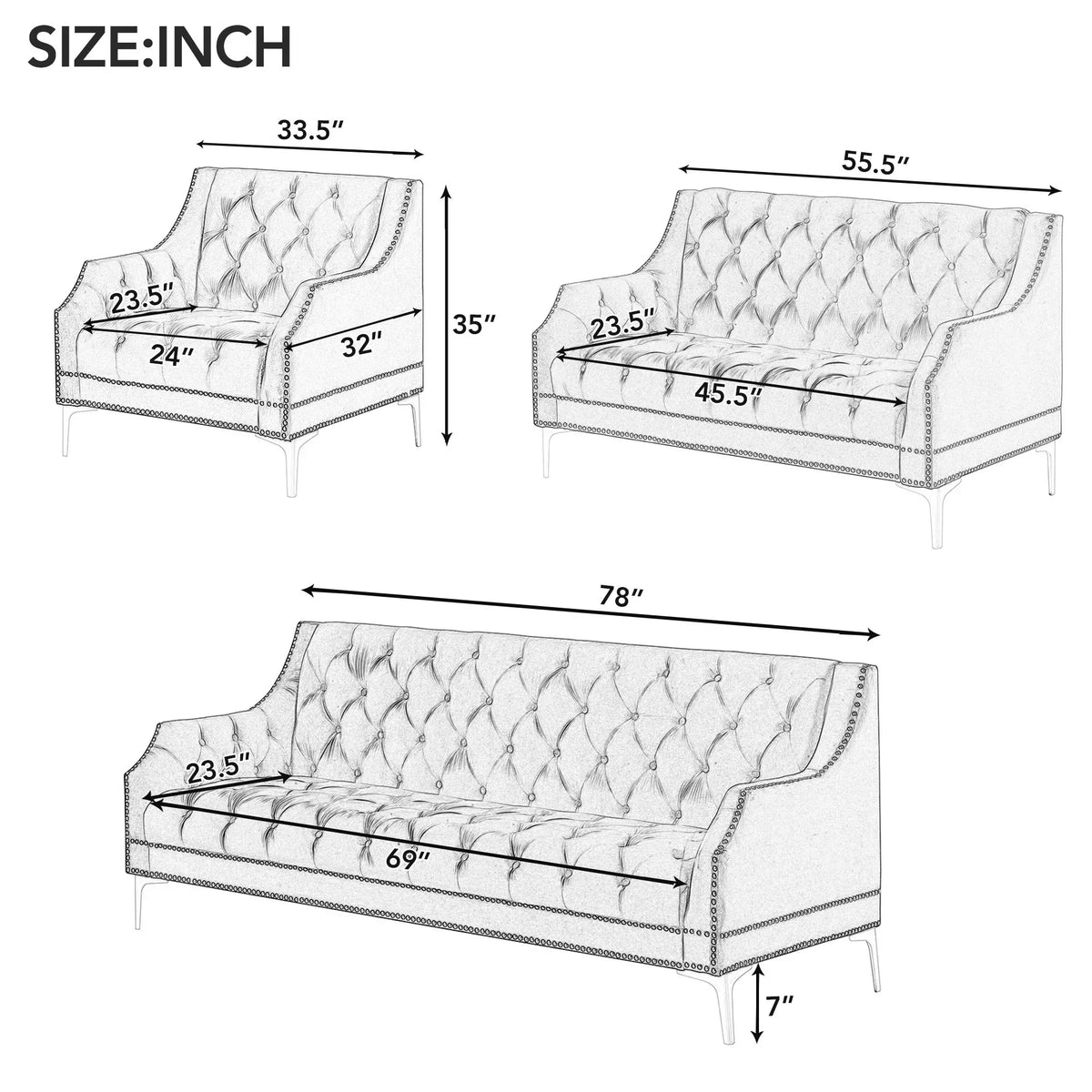 78 inch Dutch Plush Upholstered Chesterfield Sofa With Metal Legs, Button Tufted Back, Blue