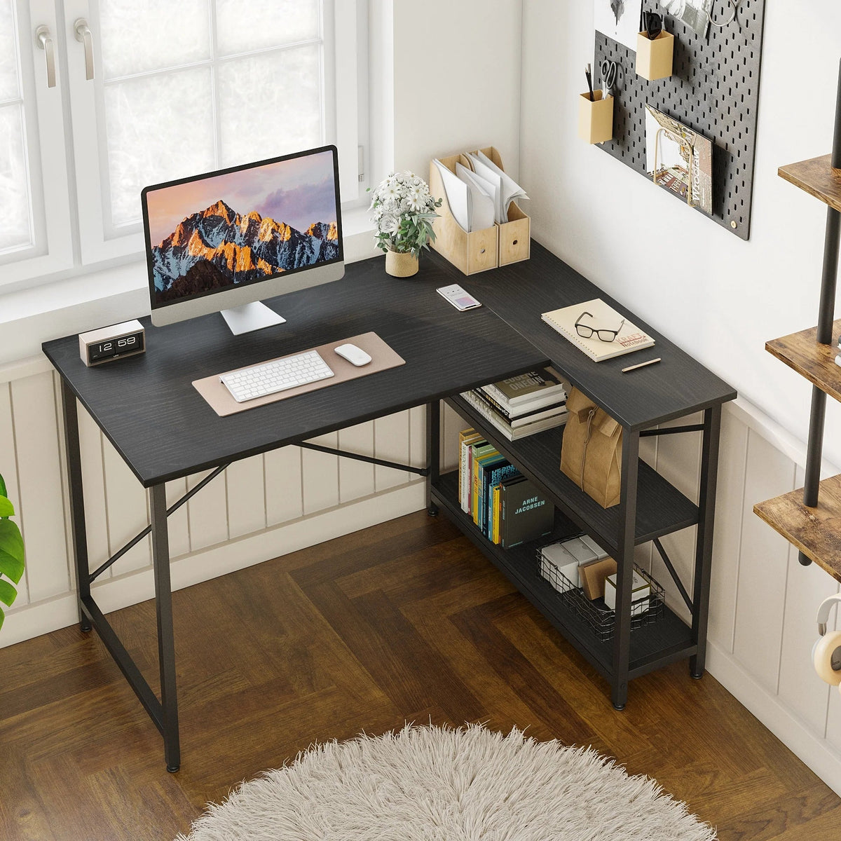 Small L-Shaped Computer Desk With Reversible Storage Shelves - 55-Inch / 47-Inch