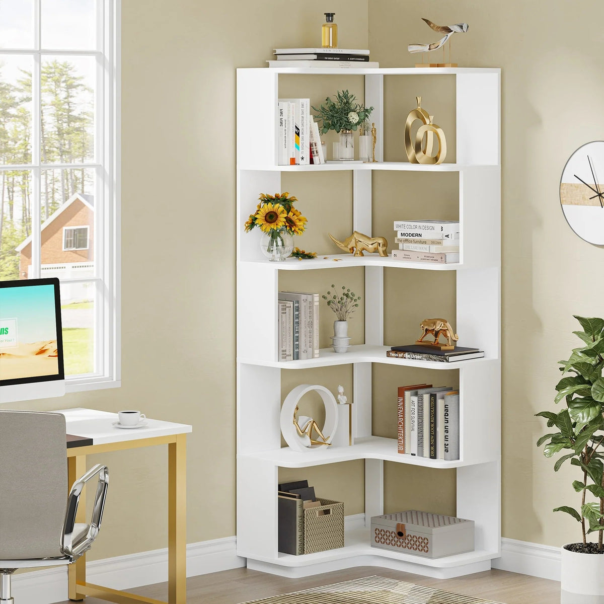6-Tier Corner Bookshelf, 64.9 Inch Tall, Freestanding Wood Industrial Bookcase