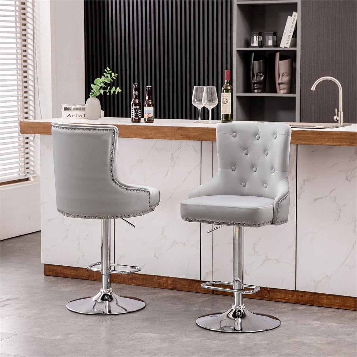 Alexent 2-Piece Swivel Bar Stools, Dark Blue, 43.7-51.6 H, 19.3 W x 18.1 D - Silver Footrest