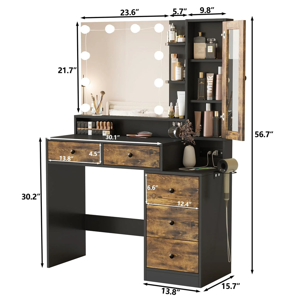VEANERWOOD Makeup Vanity Desk With Lighted Mirror, Power Strip, 5 Drawers, White - 39.4in x 15.7in x 56.7in