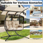 Outdoor Swing Loveseat With Stand, Foldable Hanging Chair, Hammock Cushion And Awning - Beige