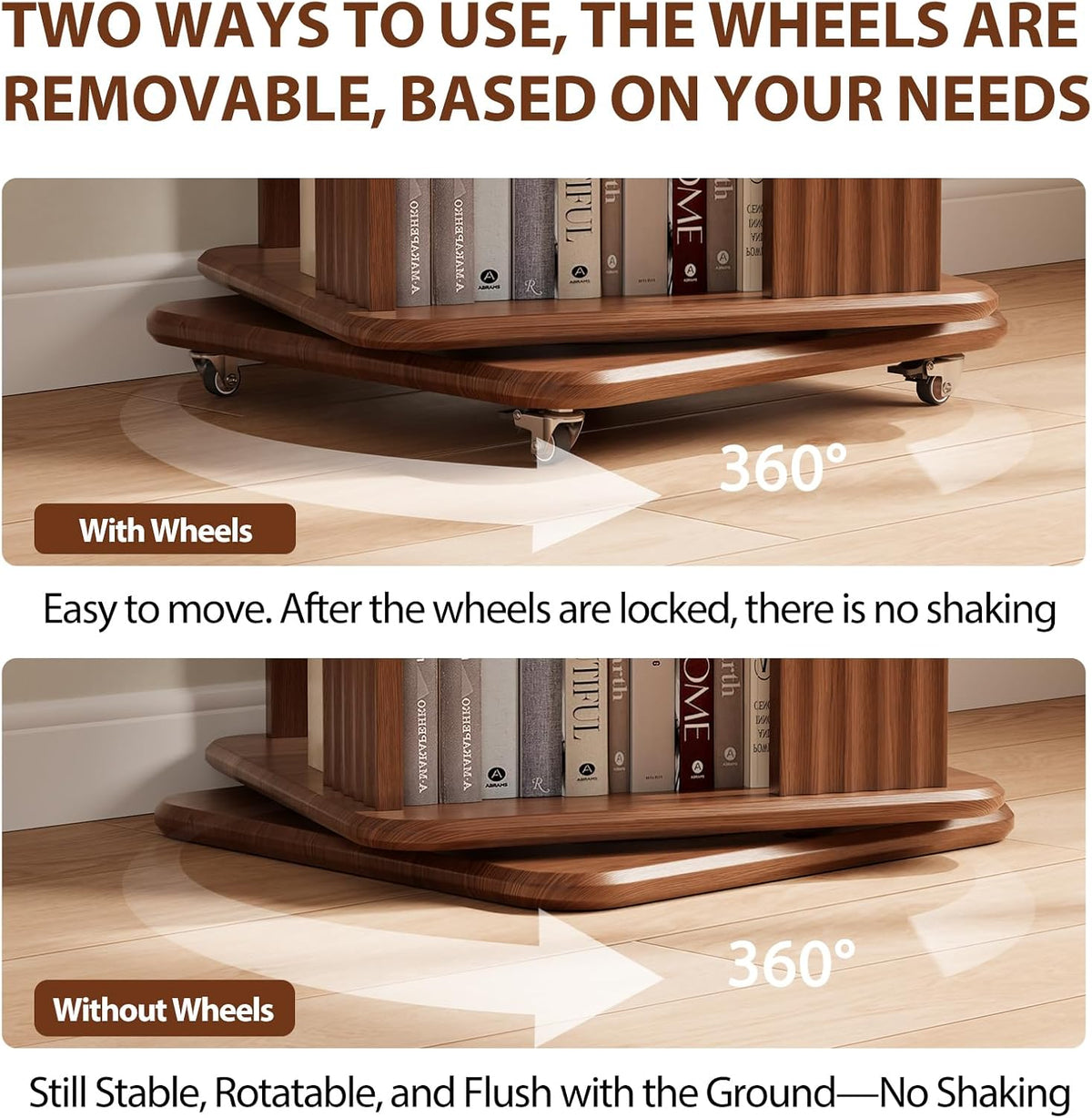 Solid Wood 6-Tier 360 Degree Rotating Rolling Bookshelf - Walnut